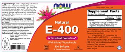 Photo of the NOW Natural E-400 label