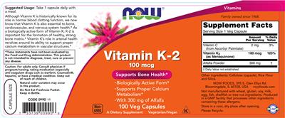 Photo of the NOW Vitamin K-2 100 mcg label