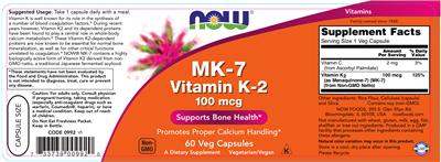 Photo of the NOW MK-7 Vitamin K-2 100 mcg label