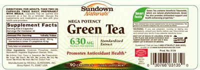 Photo of the Sundown Naturals Mega Potency Green Tea label