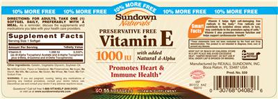 Photo of the Sundown Naturals Vitamin E 1000 IU label
