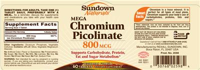 Photo of the Sundown Naturals Mega Chromium Picolinate 800 mcg label