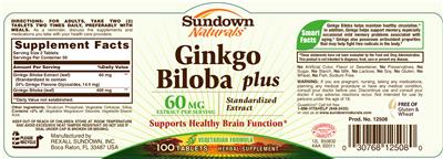 Photo of the Sundown Naturals Ginkgo Biloba Plus label