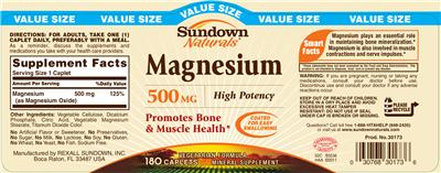 Photo of the Sundown Naturals Magnesium 500 mg label