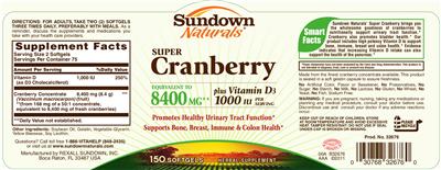 Photo of the Sundown Naturals Super Cranberry Plus Vitamin D3 label