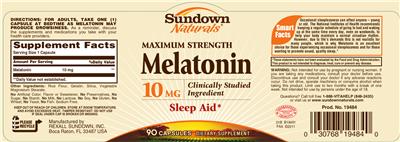 Photo of the Sundown Naturals Maximum Strength Melatonin 10 mg label