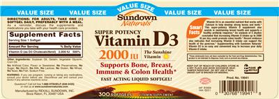 Photo of the Sundown Naturals Super Potency Vitamin D3 2000 IU label