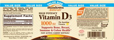 Photo of the Sundown Naturals High Potency Vitamin D3 1000 IU label