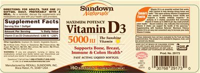 Photo of the Sundown Naturals Maximum Potency Vitamin D3 5000 IU label