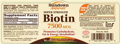 Photo of the Sundown Naturals Super Strength Biotin 7500 mcg label