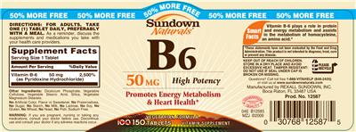 Photo of the Sundown Naturals B6 50 mg label