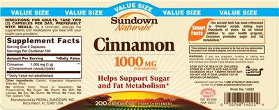 Photo of the Sundown Naturals Cinnamon 1000 mg label