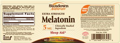 Photo of the Sundown Naturals Extra Strength Melatonin 5 mg label