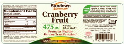 Photo of the Sundown Naturals Cranberry Fruit 475 mg label