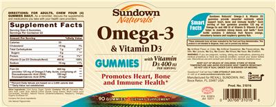 Photo of the Sundown Naturals Omega-3 & Vitamin D3 Gummies label