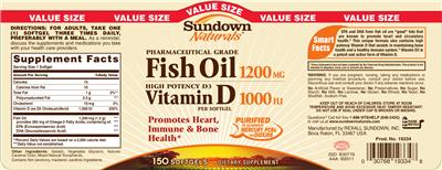 Photo of the Sundown Naturals Fish Oil 1200 mg Vitamin D 1000 IU label
