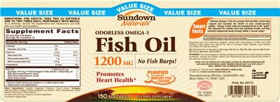 Photo of the Sundown Naturals Odorless Omega-3 Fish Oil 1200 mg label