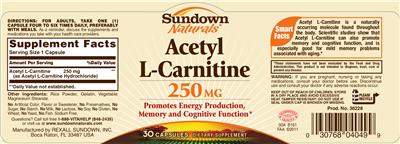 Photo of the Sundown Naturals Acetyl L-Carnitine 250 mg label