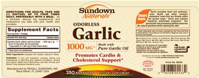 Photo of the Sundown Naturals Odorless Garlic 1000 mg label