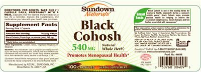 Product label for Black Cohosh 540 mg