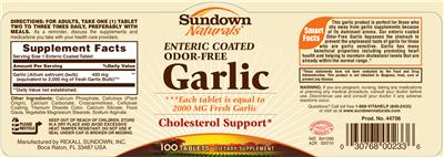 Photo of the Sundown Naturals Enteric Coated Odor-Free Garlic label