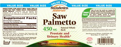 Photo of the Sundown Naturals Saw Palmetto 450 mg label