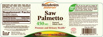 Photo of the Sundown Naturals Saw Palmetto 450 mg label
