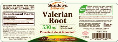 Photo of the Sundown Naturals Valerian Root 530 mg label