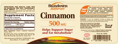 Photo of the Sundown Naturals Cinnamon 500 mg label