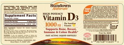 Photo of the Sundown Naturals High Potency Vitamin D3 1000 IU label