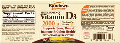 Photo of the Sundown Naturals Super Potency Vitamin D3 2000 IU label