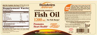 Photo of the Sundown Naturals Odorless Omega-3 Fish Oil 1200 mg label