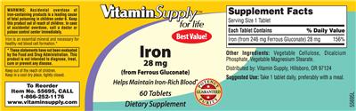 Photo of the Vitamin Supply For Life Iron 28 mg label