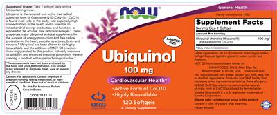 Photo of the NOW Ubiquinol 100 mg label