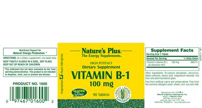 Photo of the Nature's Plus Vitamin B-1 100 mg label