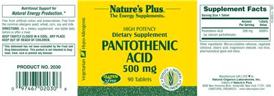 Photo of the Nature's Plus High Potency Pantothenic Acid 500 mg label