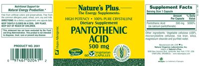 Photo of the Nature's Plus Pantothenic Acid 500 mg label