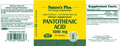 Photo of the Nature's Plus Pantothenic Acid 1000 mg label