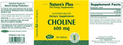 Photo of the Nature's Plus Choline 600 mg label