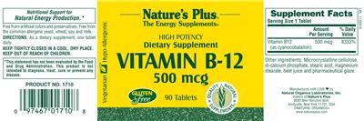 Photo of the Nature's Plus Vitamin B-12 500 mcg label