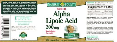 Photo of the Nature's Bounty Super Alpha Lipoic Acid 200 mg label
