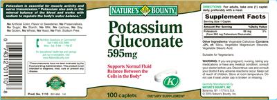 Photo of the Nature's Bounty Potassium Gluconate 595 mg label