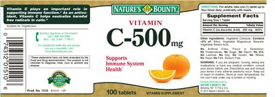 Photo of the Nature's Bounty Vitamin C-500 mg label