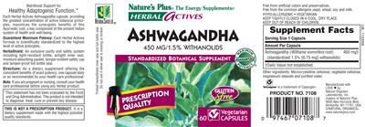 Photo of the Nature's Plus Herbal Actives Ashwagandha 450 mg label