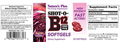 Photo of the Nature's Plus Shot-O-B12 5000 mcg Softgels label