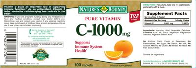 Photo of the Nature's Bounty Pure Vitamin C-1000 mg label