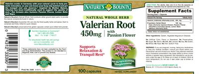 Product label for Valerian Root 450 mg With Passion Flower