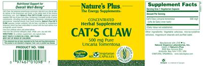 Photo of the Nature's Plus Cat's Claw 500 mg label