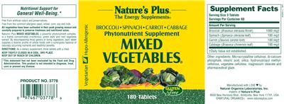Photo of the Nature's Plus Mixed Vegetables label