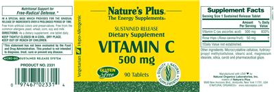 Photo of the Nature's Plus Vitamin C 500 mg label